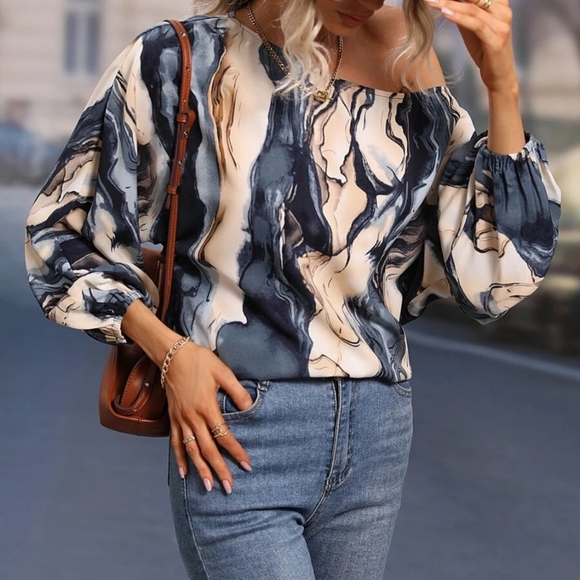 (Out Of Stock) Blue Printed Boat Neck Top - Picture 3 of 6